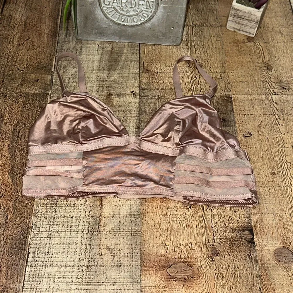 Victoria Secret Bra Strappy Mesh nude long line Satin beige sheer bralette Small
